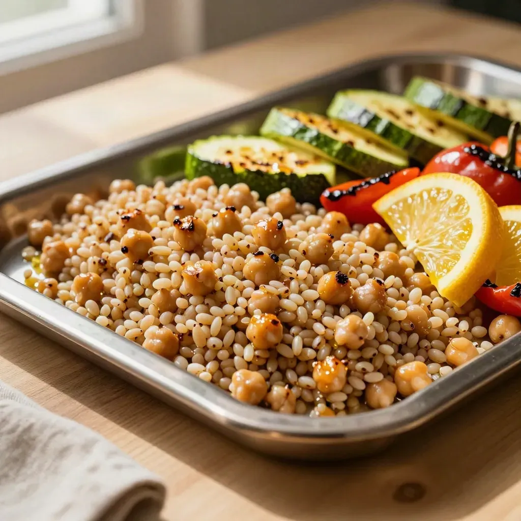 Vassoio in peltro con farro, ceci, verdure grigliate e agrumi su tavolo chiaro.