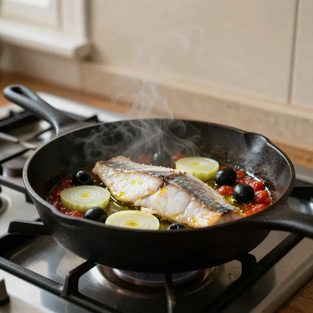 Padella nera con pesce bianco, finocchi e olive sul fornello, con vapore e luce calda.