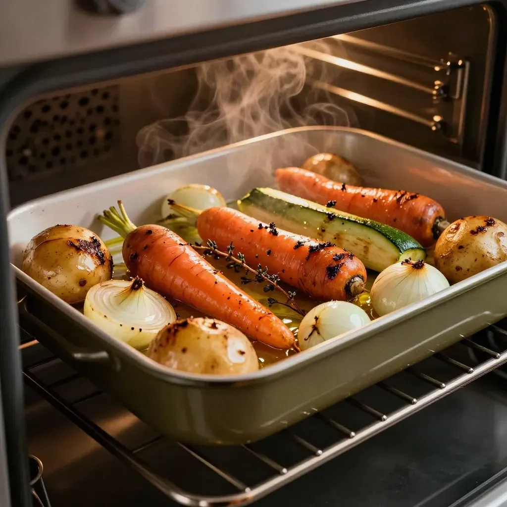 Verdure arrosto in teglia all’imbocco del forno, con vapore e bordi caramellati.