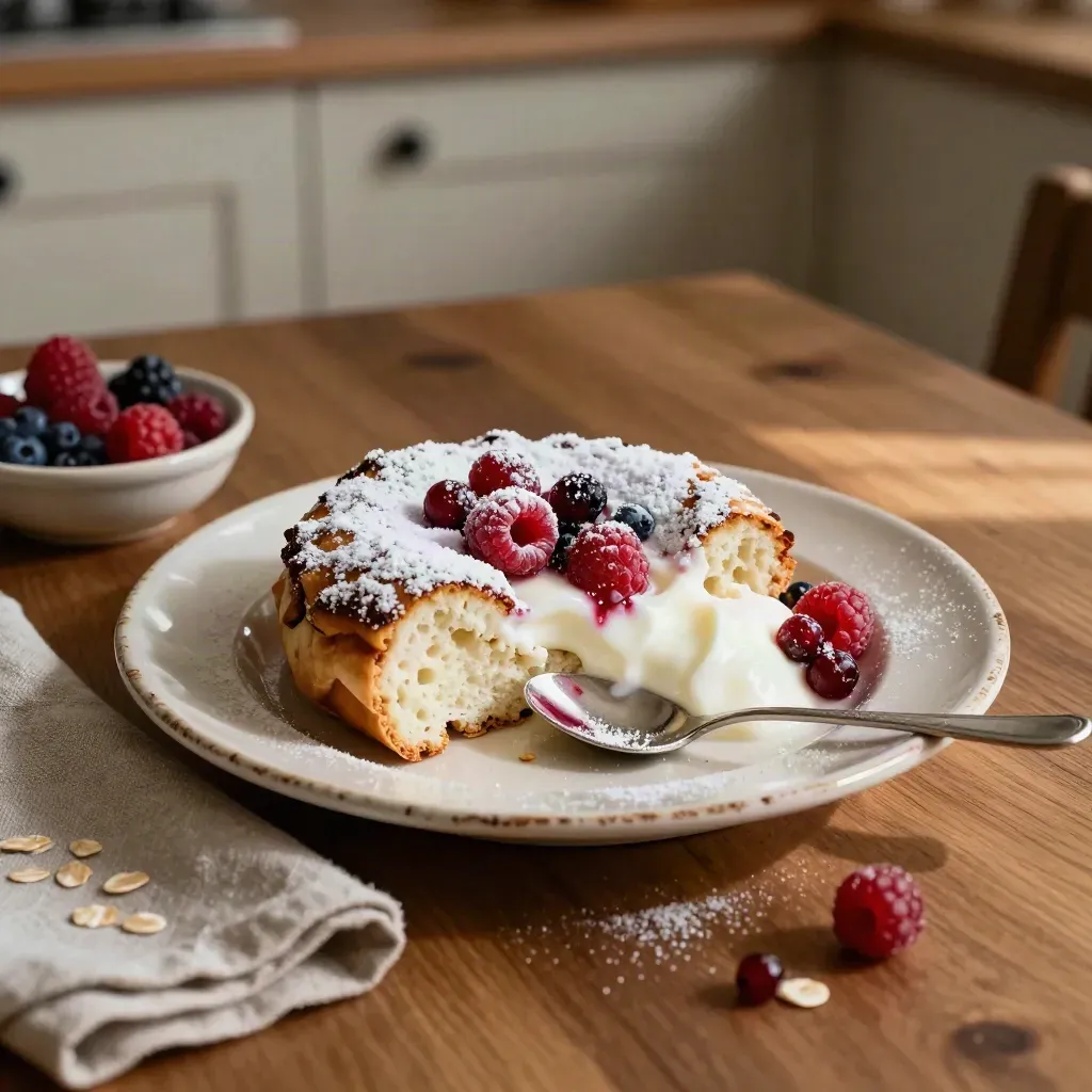 Sformato di yogurt e frutti rossi su piatto smaltato, con fetta tagliata e zucchero a velo.