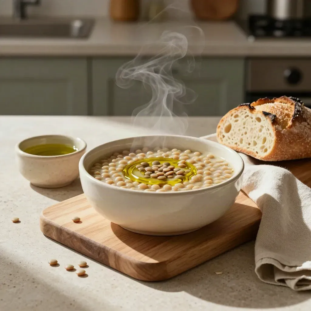 Zuppa di lenticchie con pane rustico e olio su piano chiaro, luce calda laterale.
