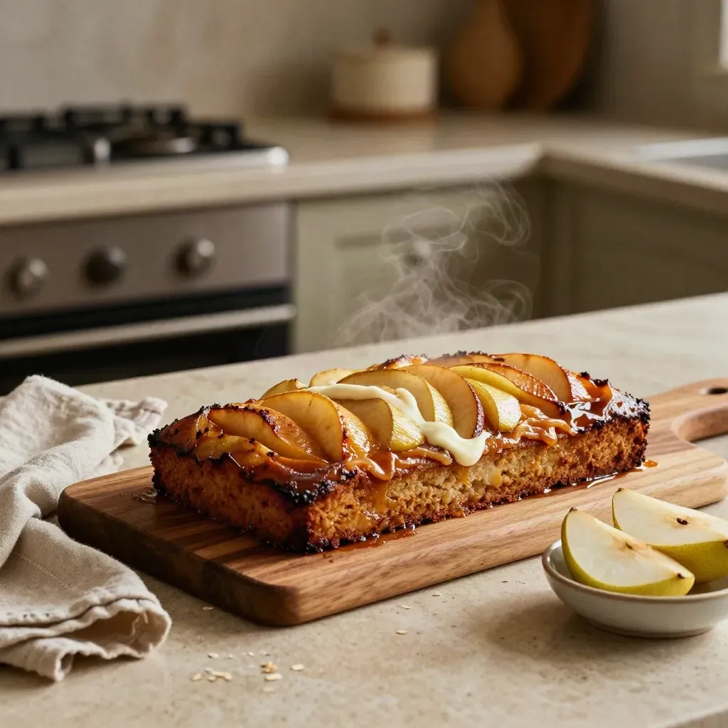 Torta di mele e pere dorata su tagliere di legno, in cucina buia con luce calda laterale.