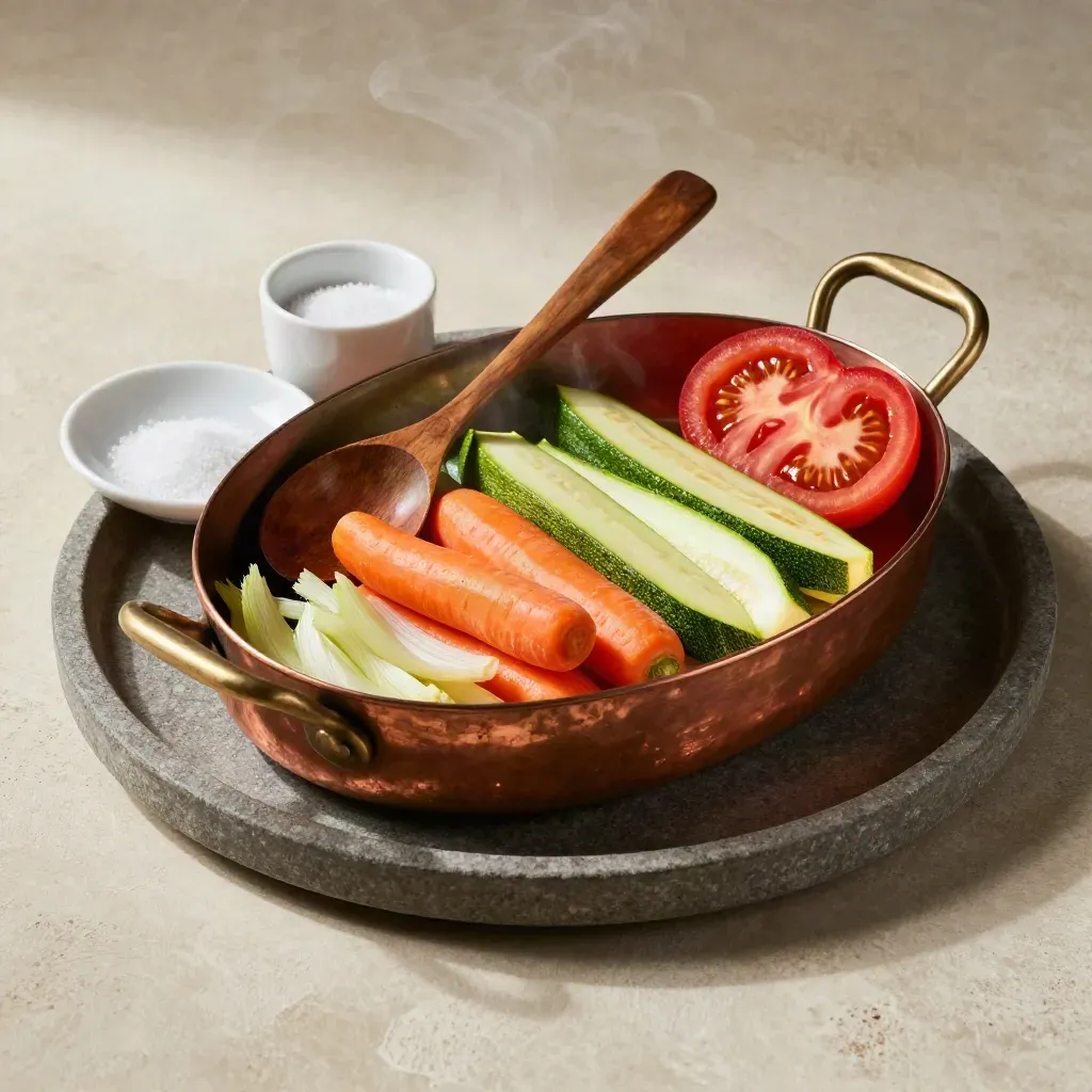 Padellino in rame con verdure tagliate, cucchiaio di legno, sale grosso e piattino bianco su vassoio.